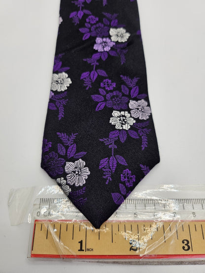 William Hunt Mens Silk Tie Black Purple Floral Vtg Retro Wedding Neck Tie