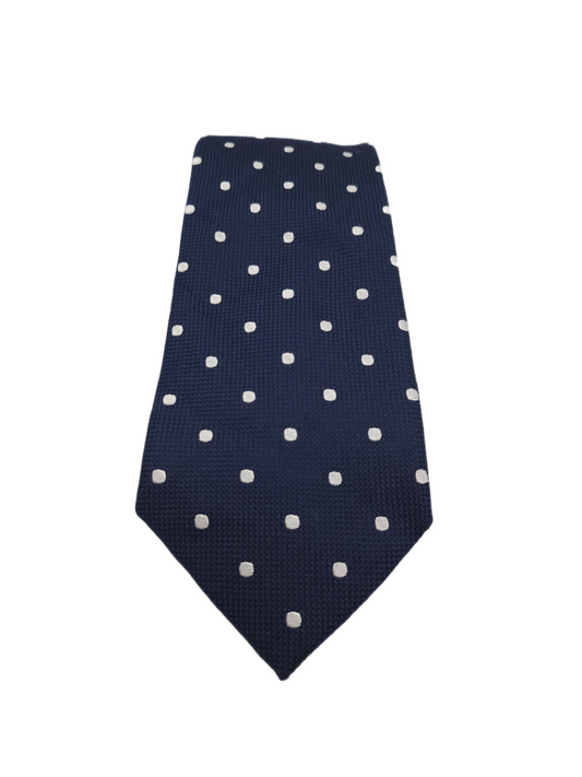 Charles Tyrwhitt Silk Tie Mens Navy Blue White Polka Dot Textured Necktie BX11