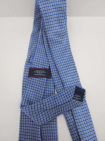 Charles Tyrwhitt Silk Tie Mens White Pastel Blue Geometric Pattern Necktie BX11