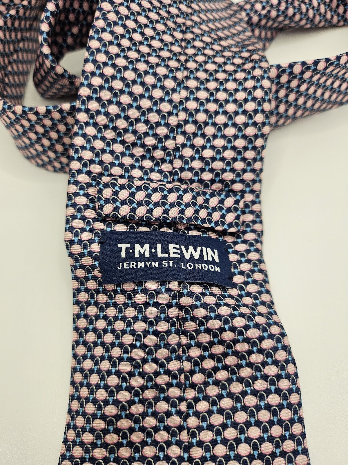 T.M.Lewin Mens Silk Tie Pink Navy Geometric Vtg Retro Wedding Neck Tie