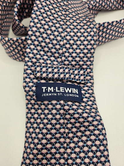 T.M.Lewin Mens Silk Tie Pink Navy Geometric Vtg Retro Wedding Neck Tie