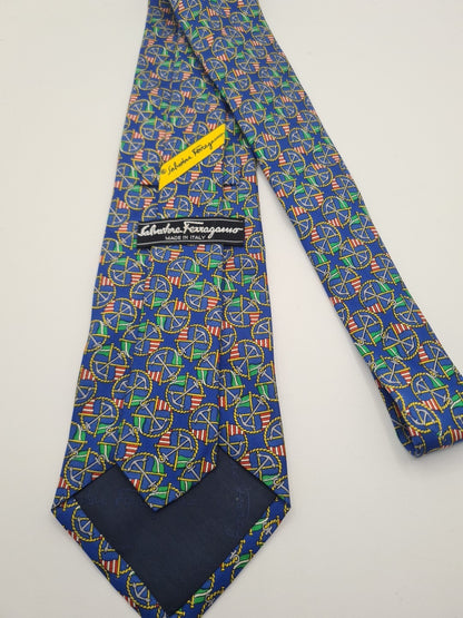 Salvatore Ferragamo Blue Sailing Mens Silk Tie Classic Designer Necktie Vintage Mens Tie UK BX10