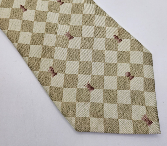 Bvlgari Mens Silk Tie Beige Chess Pattern Designer Vtg Retro Wedding Neck Tie R9