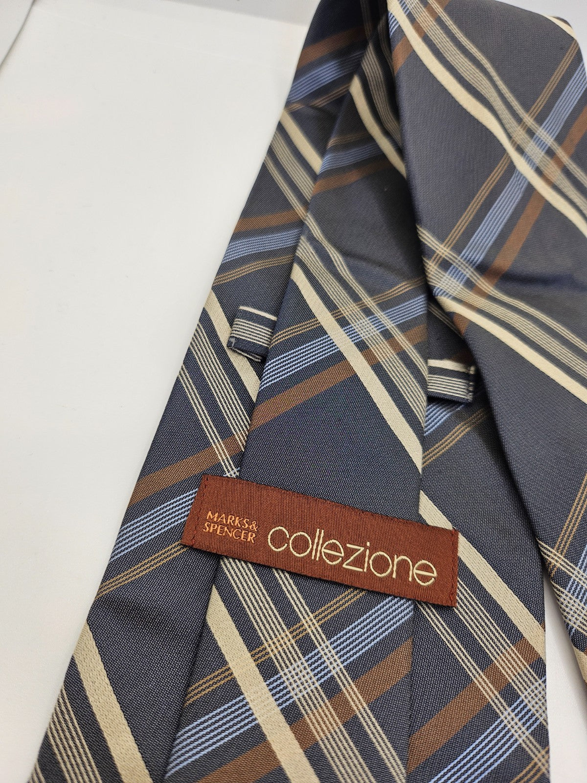 Vintage Men Silk Tie Marks Spencer Grey Yellow Check Designer Retro Necktie BX25