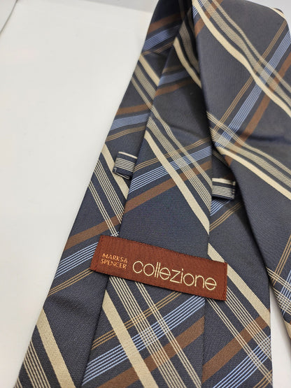 Vintage Men Silk Tie Marks Spencer Grey Yellow Check Designer Retro Necktie BX25